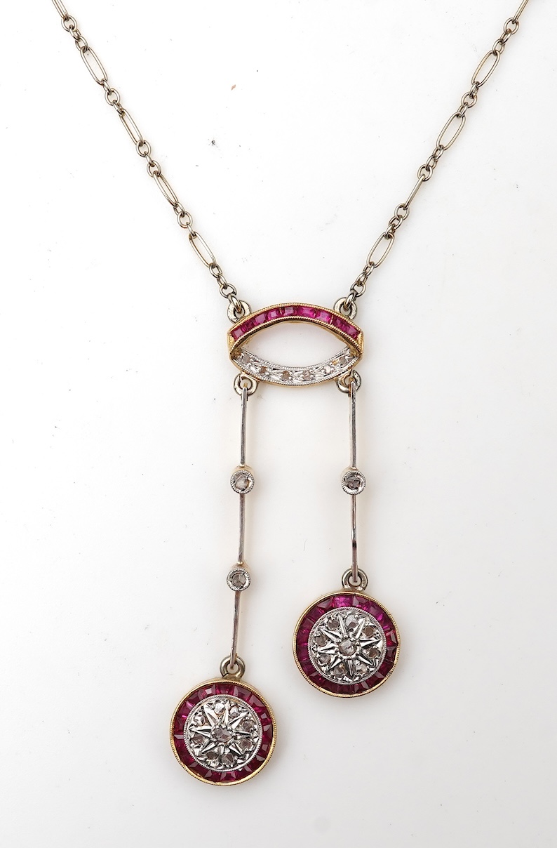 An Art Deco synthetic ruby and diamond pendant, France, 1920s